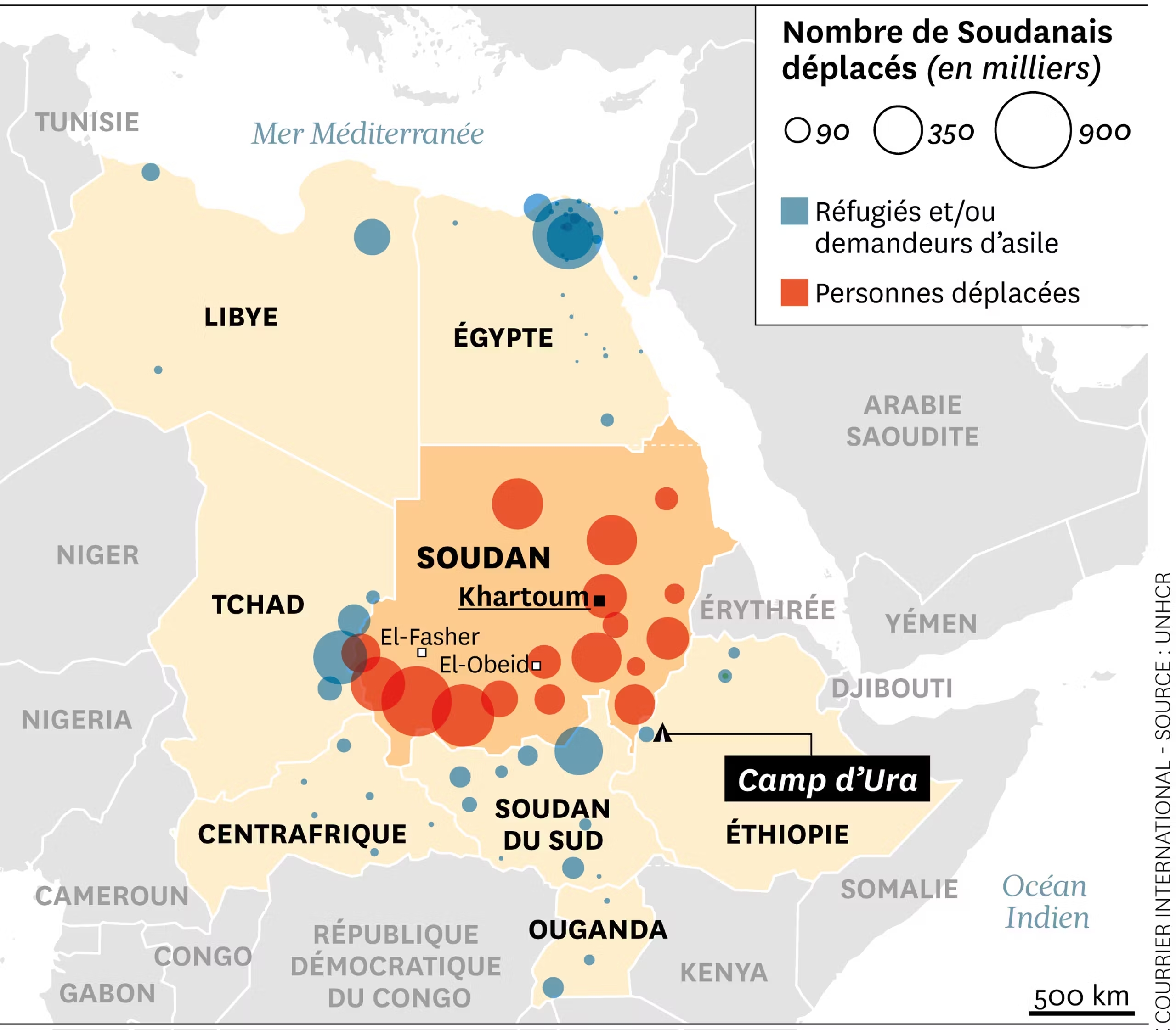 Carte des personnes déplacé·es au Soudan et aux pays qui l'entourent.