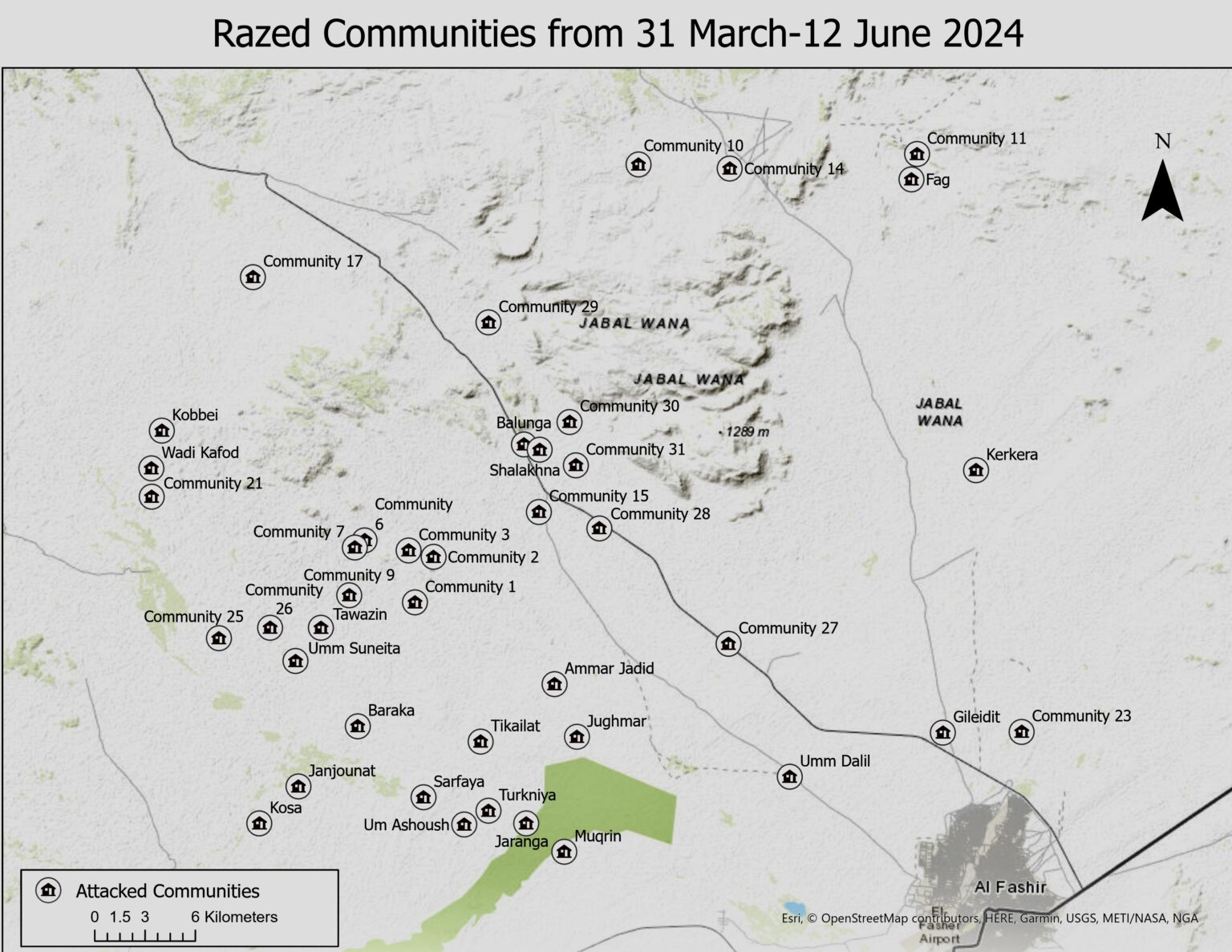 Carte des communautés rasées entre le 31 mars et le 24 juin 2024 autour d’El Fasher.